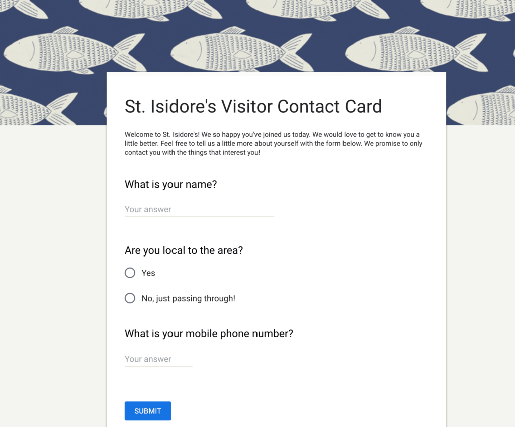 Example of an online church connection form.