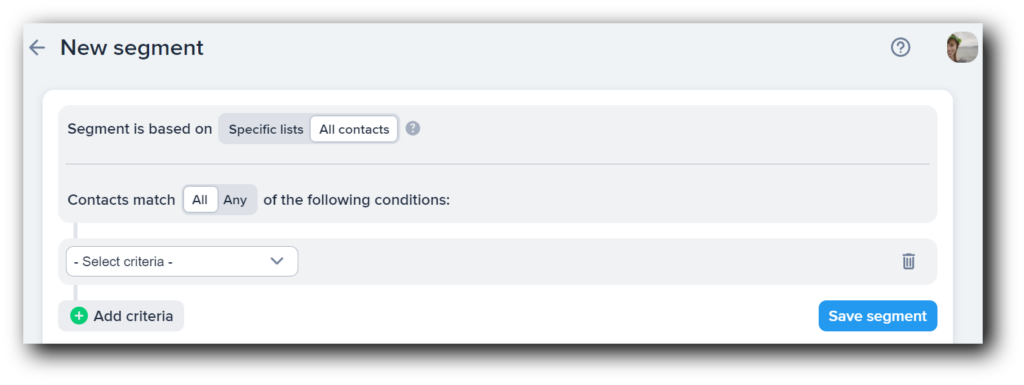The top of the New segment menu in SimpleTexting without any criteria selected..