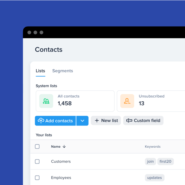 A cropped screenshot showing a portion SimpleTexting’s user interface. This screenshot shows the contacts screen where the contacts are split into various lists including customers and employees.
