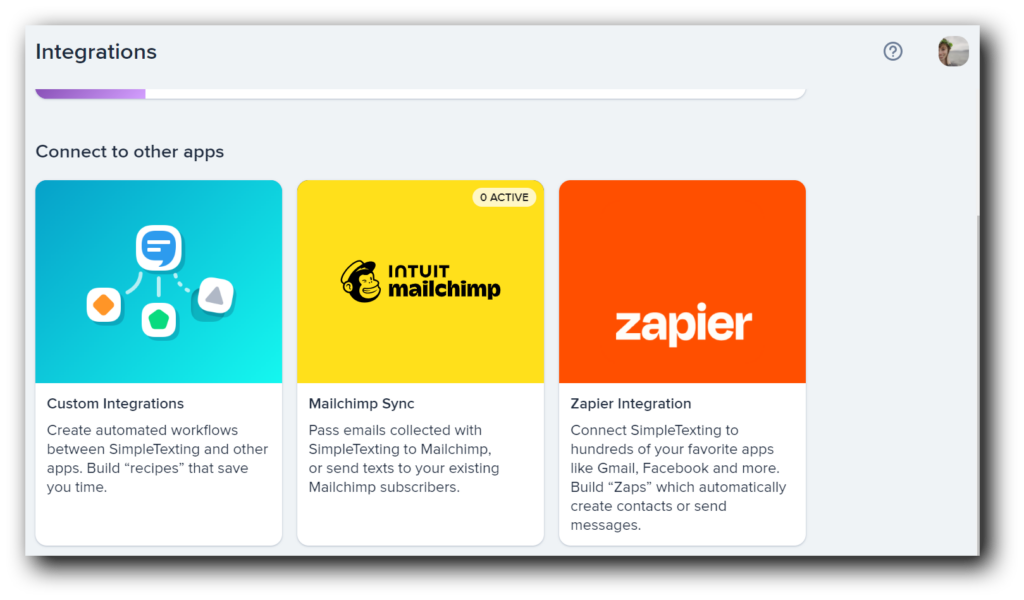 A look at the integrations page within SimpleTexting’s platform
