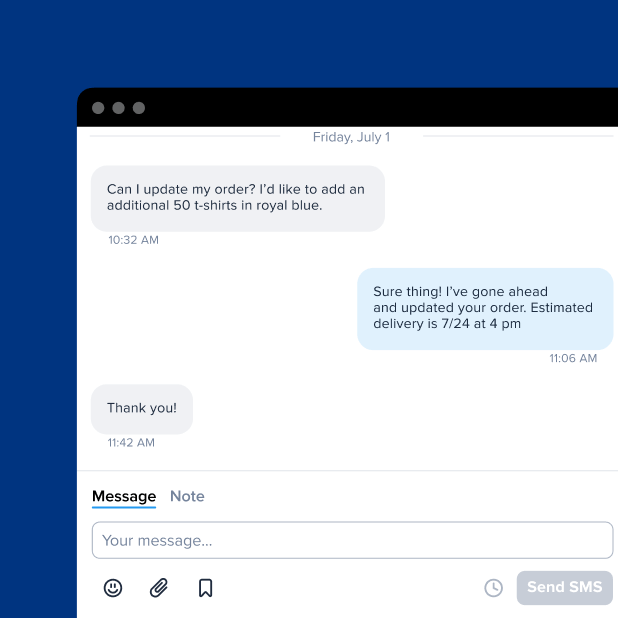 A cropped screenshot showing a portion SimpleTexting’s user interface. This screenshot shows a two-way thread. The contact texts in asking if they can update their order. The business texts back yes and a confirmation of the estimated delivery time. The contact recipes back saying thank you.