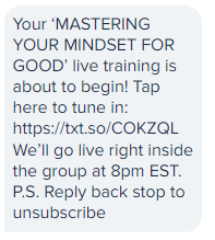 small business text message invite to an online training