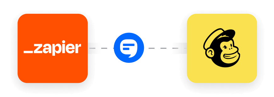 This diagram shows the SimpleTexting logo with a dashed line connecting it to the Mailchimp and Zapier logos, the two services SimpleTexting can natively integrate with.
