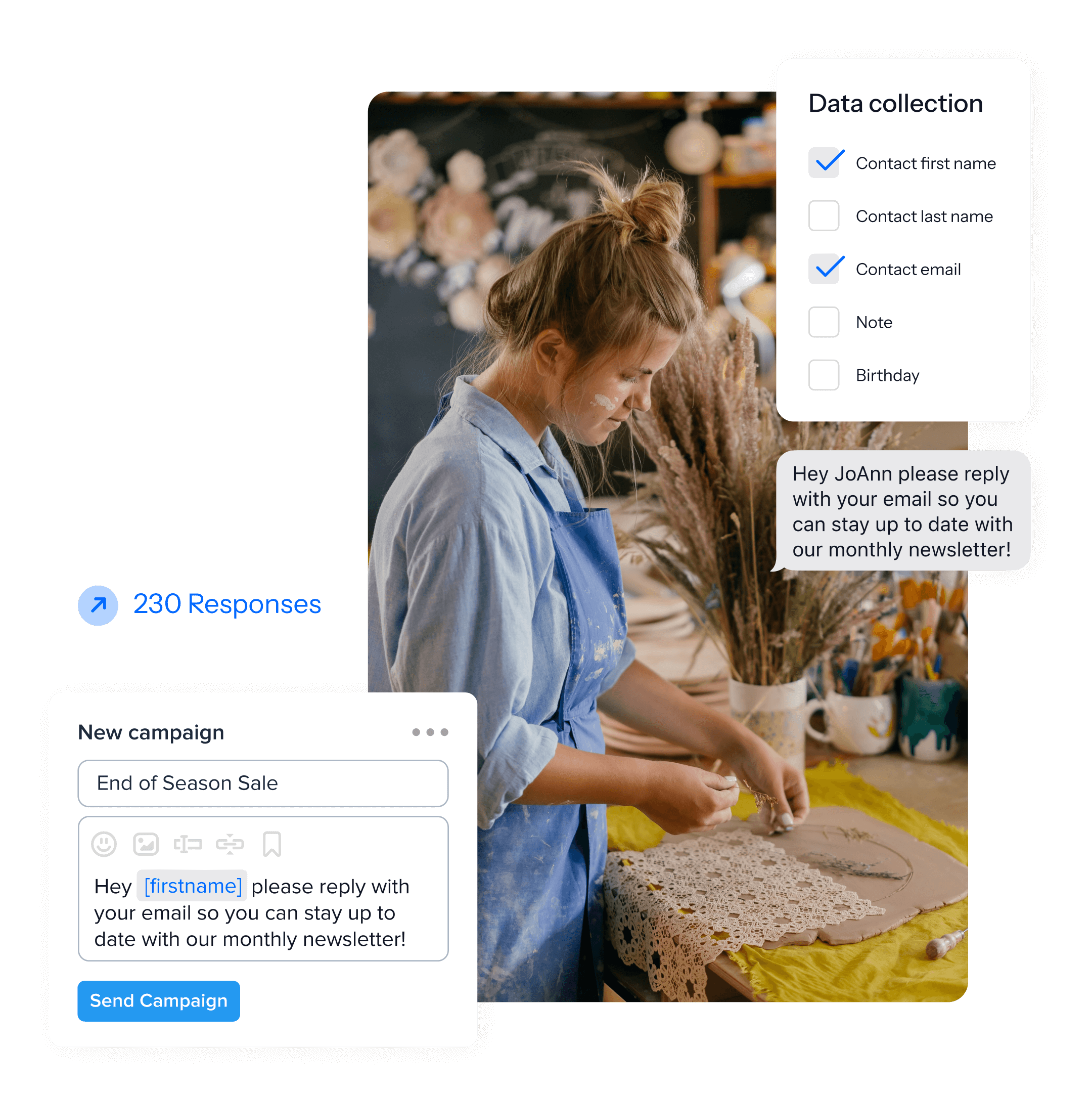 A photo of a small business owner holding packages. There are elements from SimpleTexting's mass texting service overlaid which demonstrate the ability to built a segmented audience list.