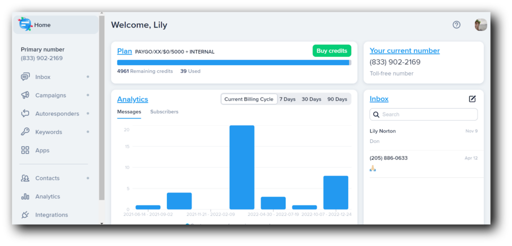 SimpleTexting's B2B text messaging account screen