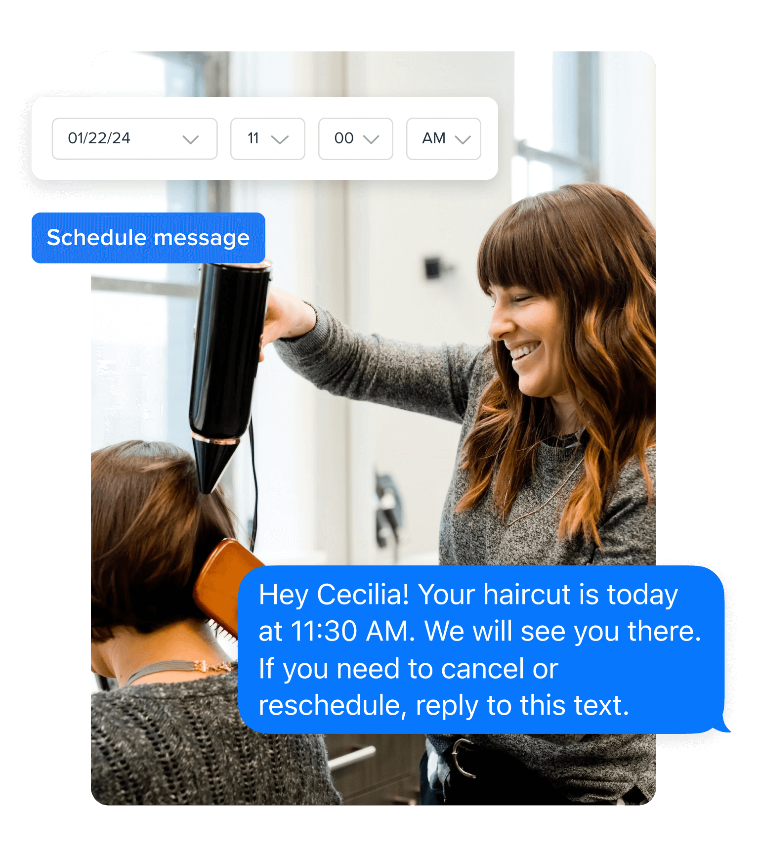 A photo of a business woman working at a salon. A text message on top reads,