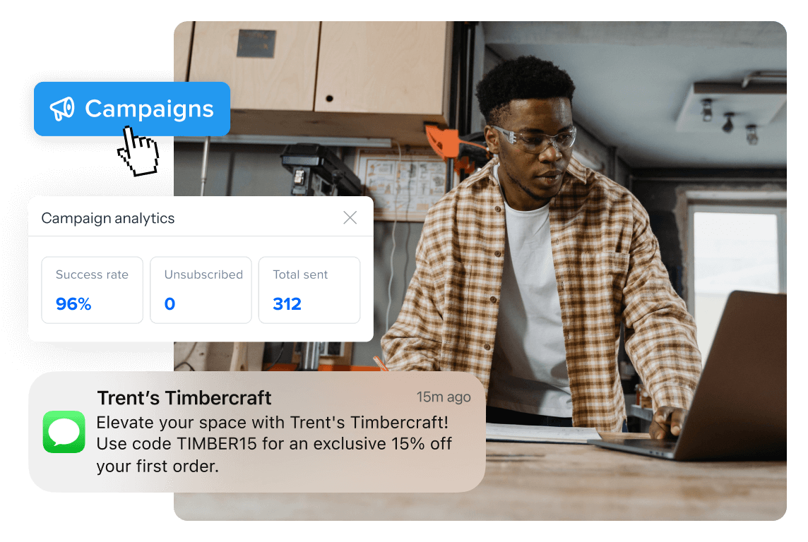 A man in a workshop looks at a computer with a text message graphic that reads, 'Elevate your space with Trent's Timbercraft! Use code TIMBER15 for an exclusive 15% off your first order.'