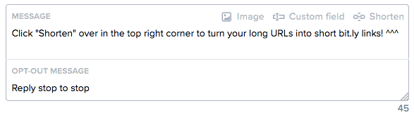 Screenshot of the messaging view showing the link shortening option