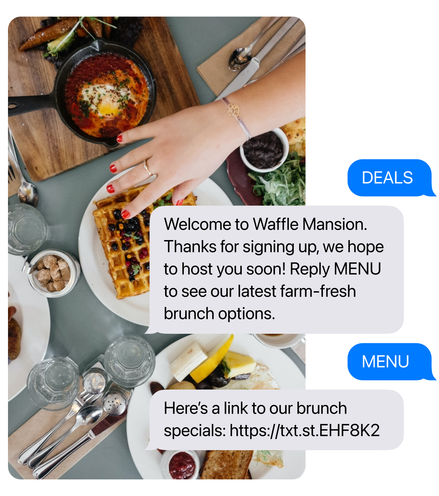 A woman prepares a breakfast meal with text message bubbles as a conversation surrounding her hands. The first text is received and reads 