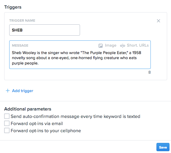 Screenshot of Triggers setup in SimpleTexting dashboard