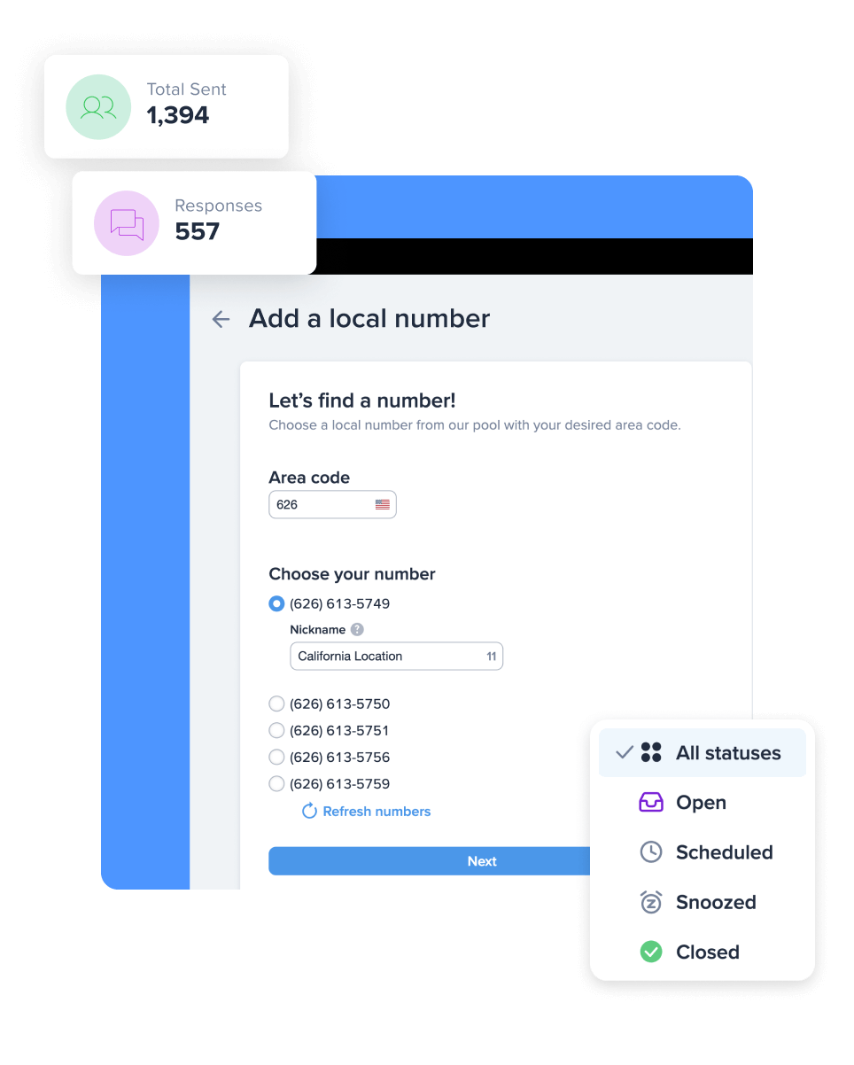 Collage of SimpleTexting's VoIP texting service which shows various UI elements including the ability to select a virtual local number, organize messages by status, and view response rates.